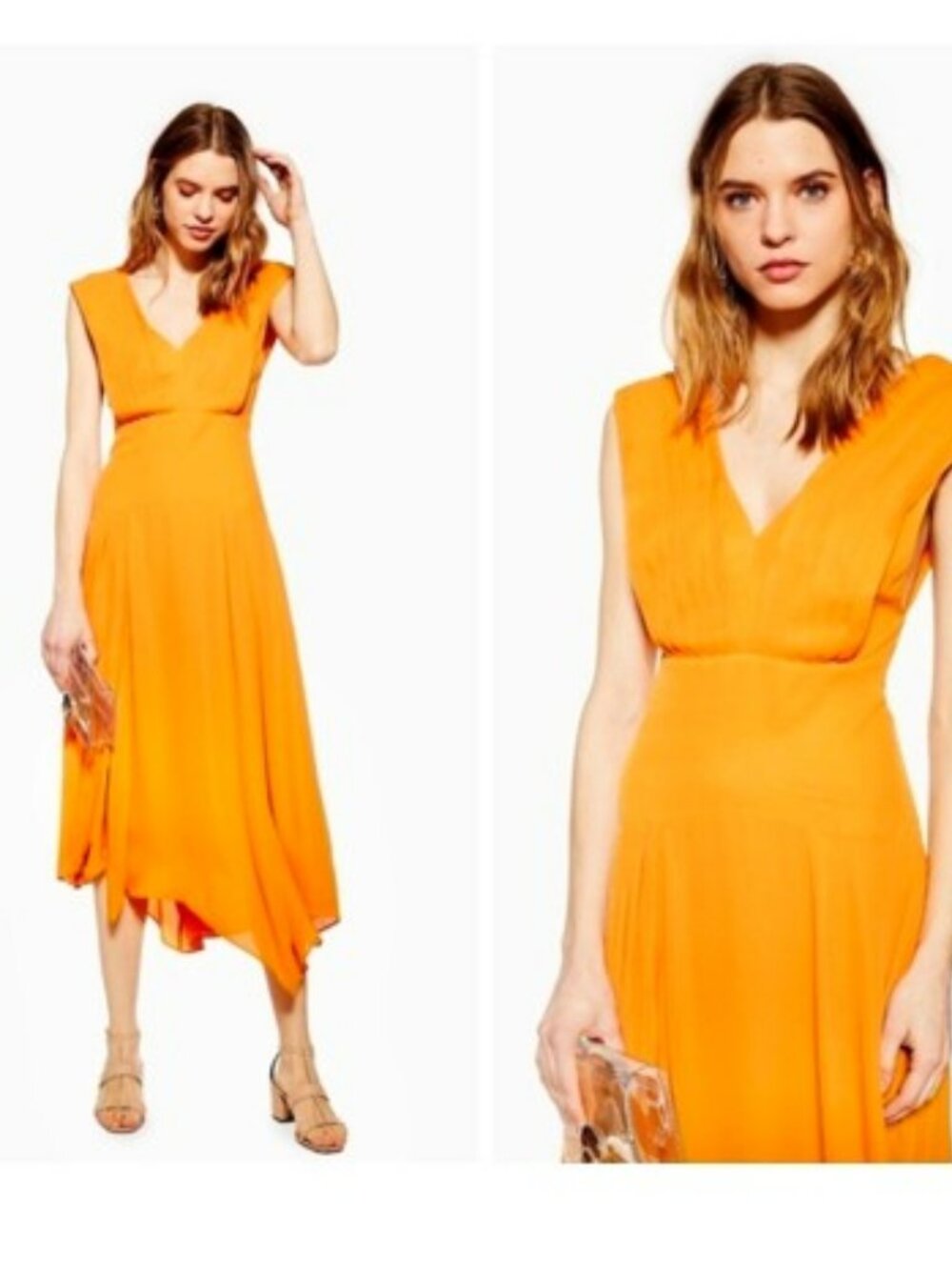 TopShop Women's Pleated Pinafore Midi Dress Size 6 Orange Sleeveless Flowy Party